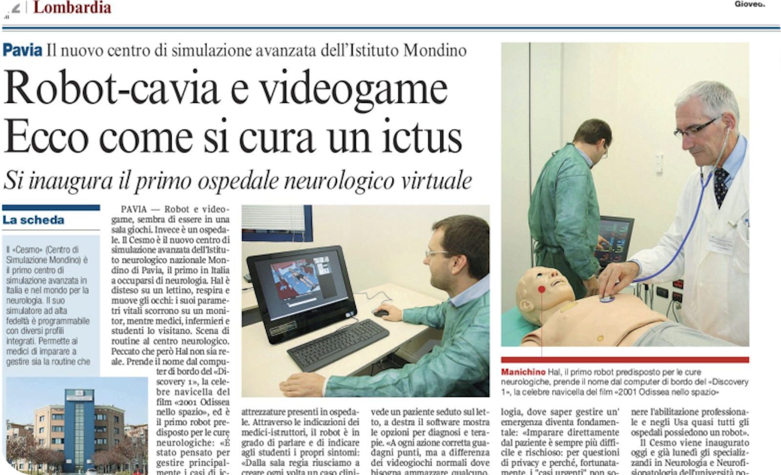 articolo di giornale su primo centro di simulazione avanzata