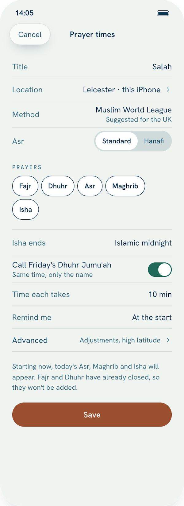 The prayer times form