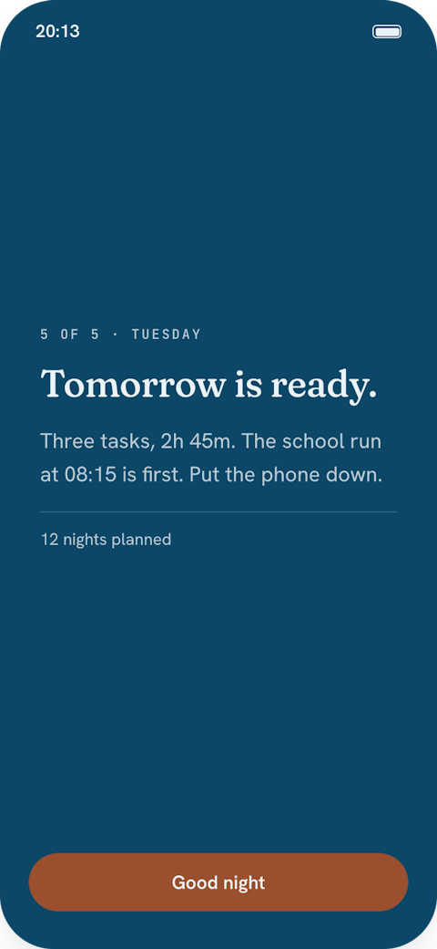 The last Night Planning step on iPhone: tomorrow is ready