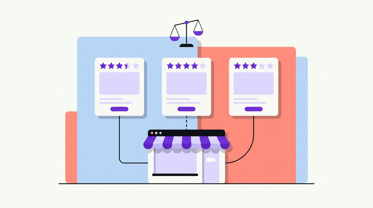 Three product cards with star ratings link to a storefront window by different lines, with a balance scale above them.