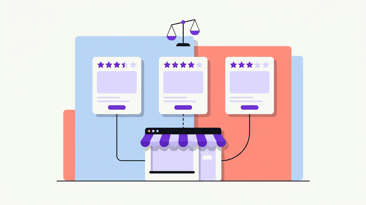 Three product cards with star ratings link to a storefront window by different lines, with a balance scale above them.