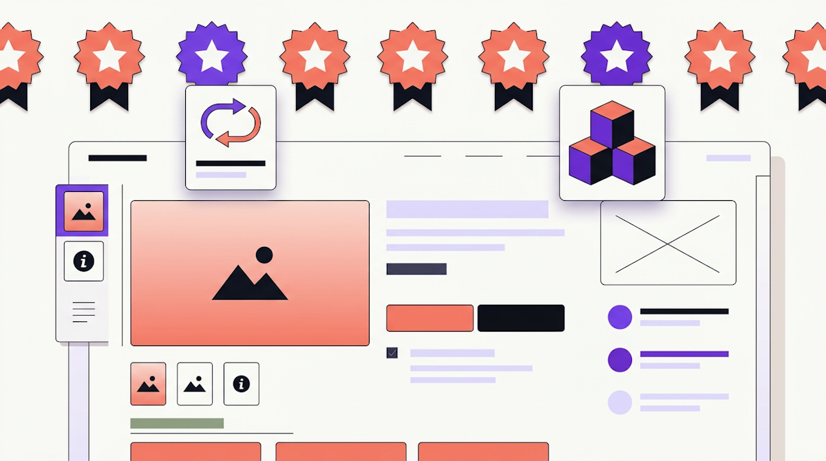 Abstract product page layout with many star badges on top and a few rare loop and stacked-block modules below.