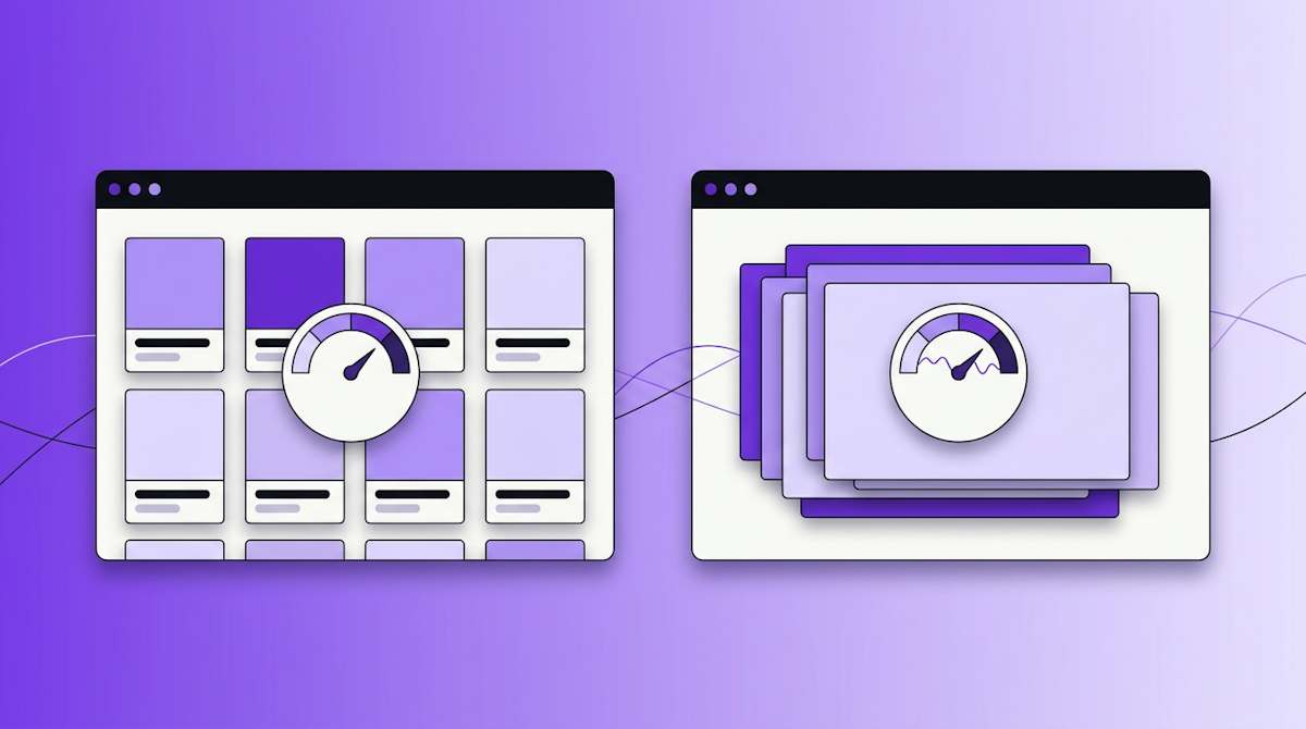Two browser windows compared, one with a stable product grid and steady gauge, the other with shifting layered panels and a wavering gauge.