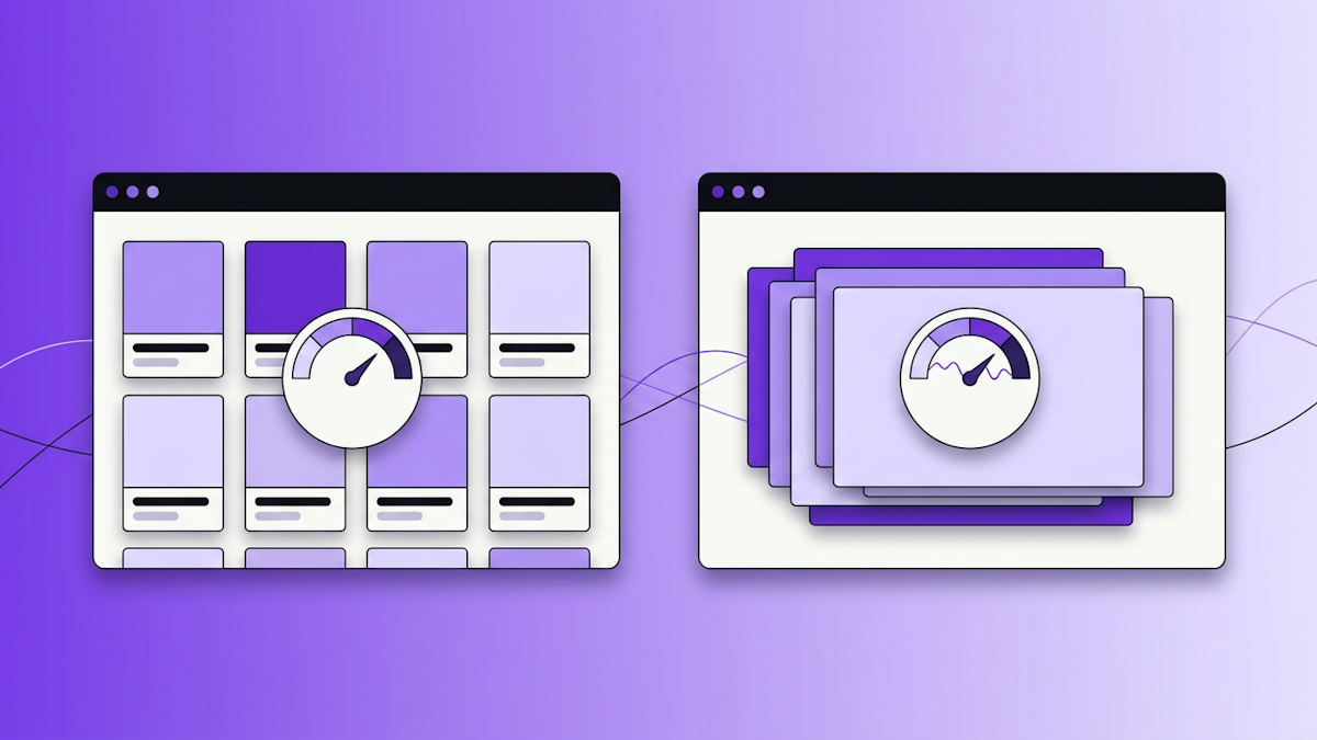 Two browser windows compared, one with a stable product grid and steady gauge, the other with shifting layered panels and a wavering gauge.