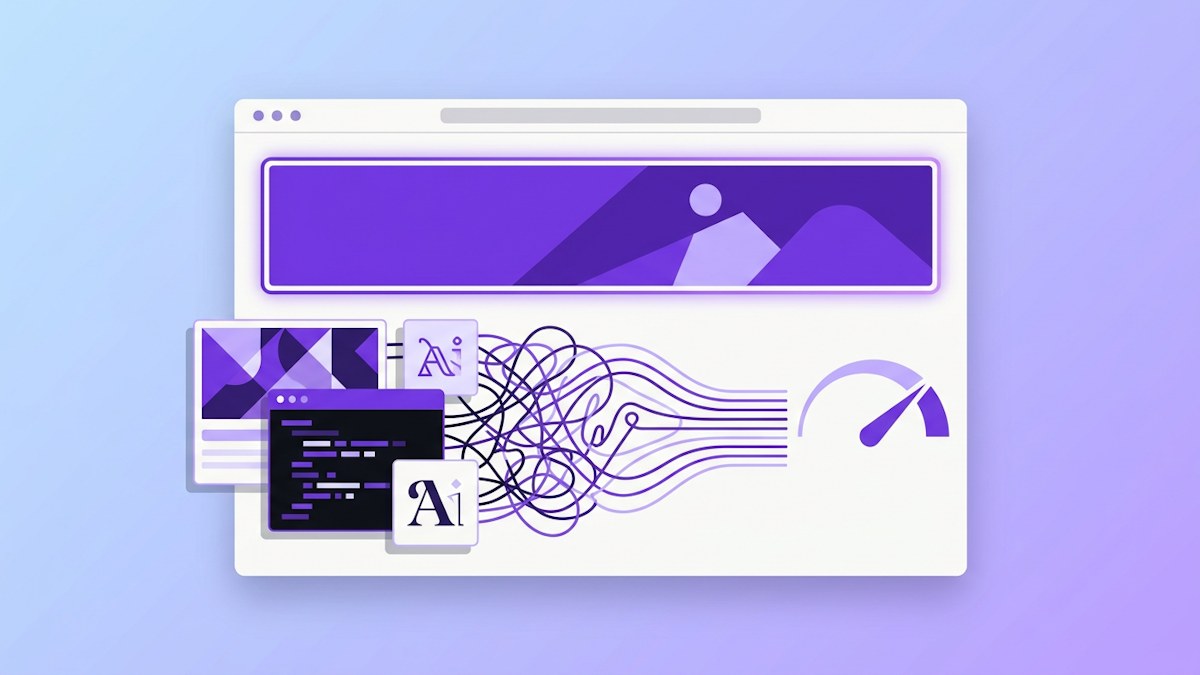 Abstract browser window with a highlighted hero panel, tidied code layers and flowing lines leading to a speed gauge.