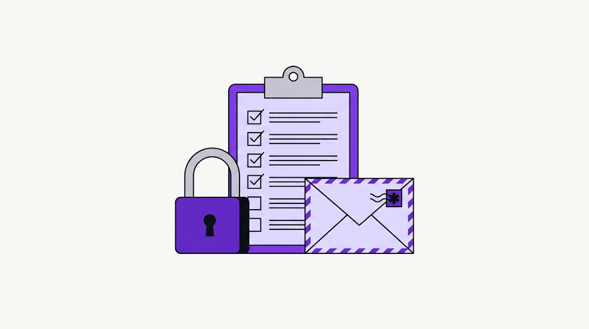A clipboard checklist with ticked boxes beside a padlock and an emergency contact envelope.