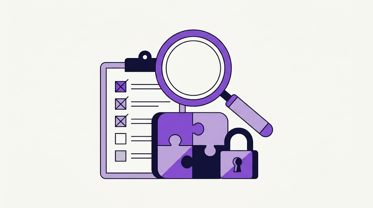 A magnifying glass inspects an app puzzle piece next to a checklist clipboard and a padlock.
