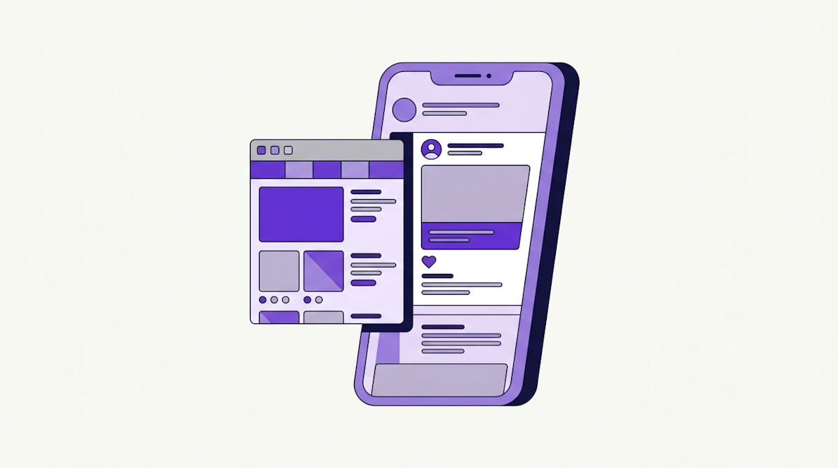 A phone with a social post whose link opens a store page inside a small built-in browser.