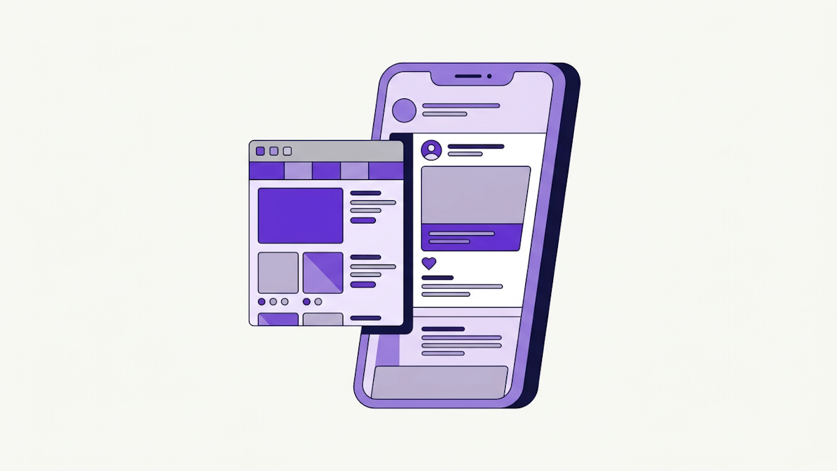 A phone with a social post whose link opens a store page inside a small built-in browser.