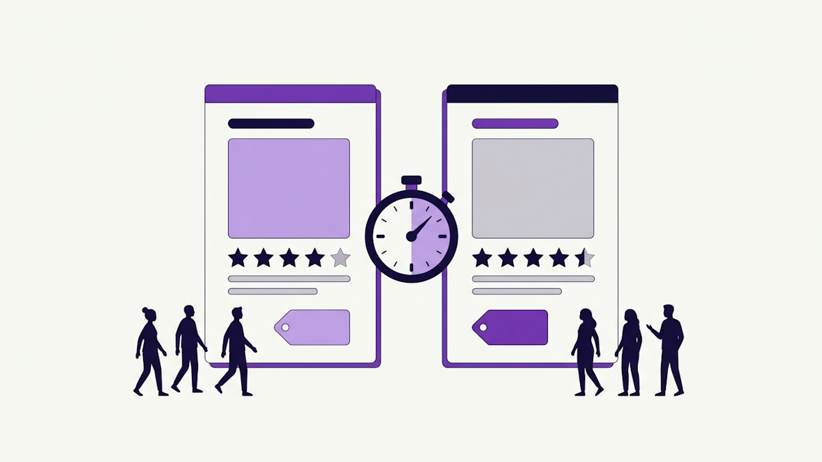 Two versions of a product page side by side with a stopwatch between them and shoppers heading to each.