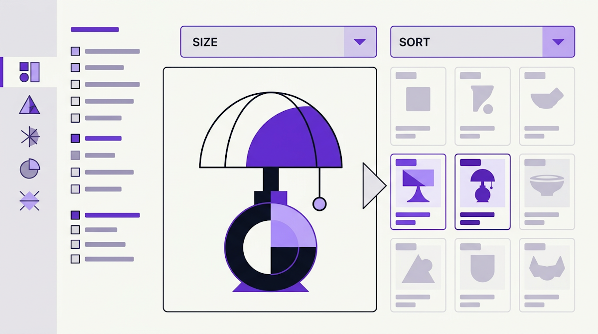 A collection page with a filter sidebar and sort menu narrowing a grid of product cards.