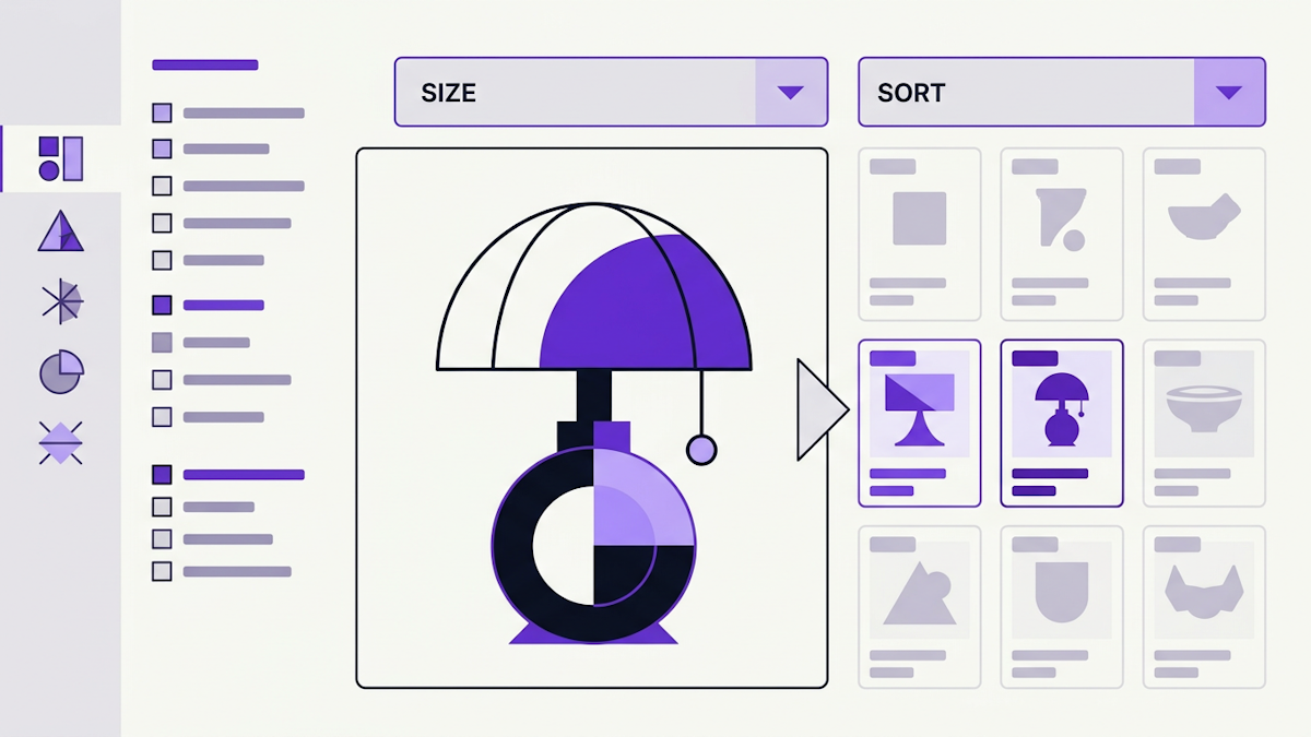 A collection page with a filter sidebar and sort menu narrowing a grid of product cards.