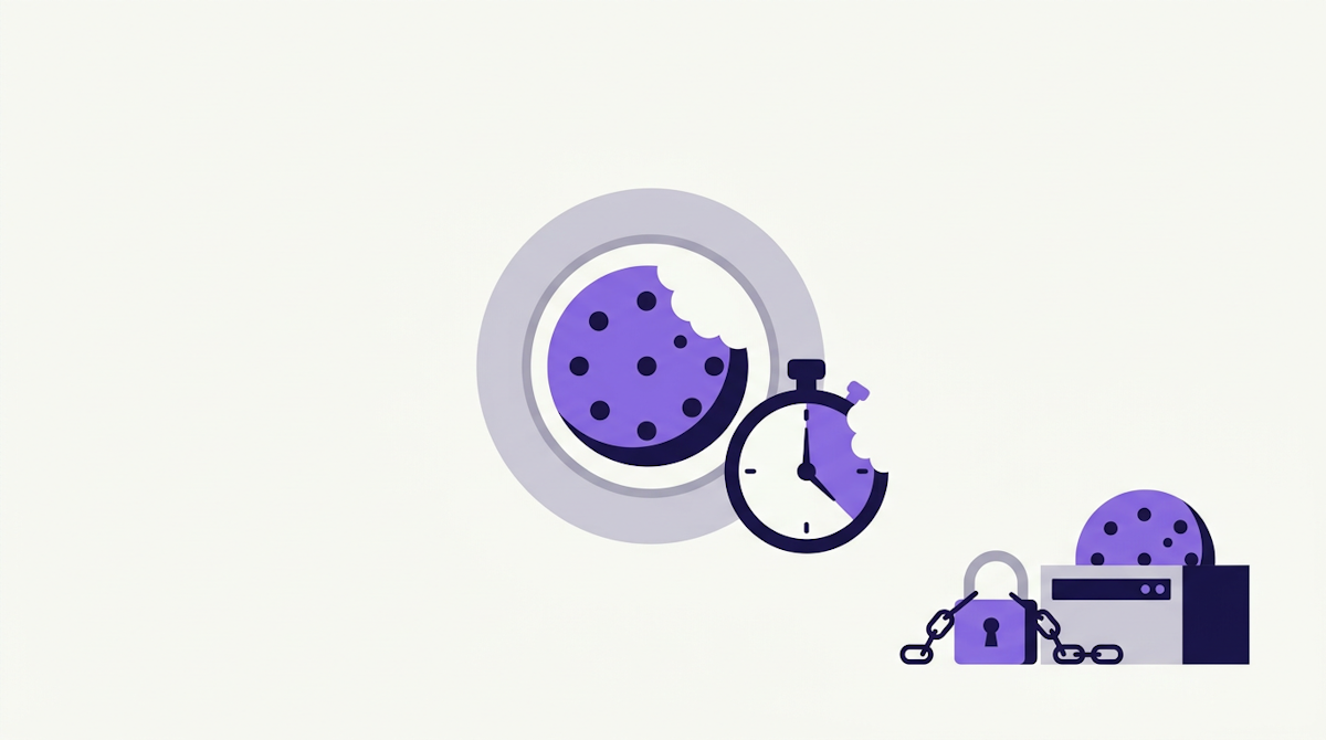 A bitten cookie beside a stopwatch and padlock, with an intact cookie stored in a server box.