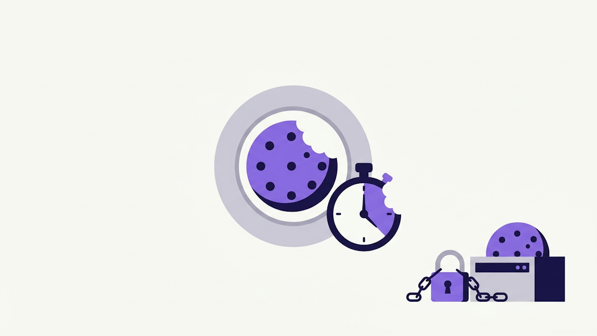 A bitten cookie beside a stopwatch and padlock, with an intact cookie stored in a server box.
