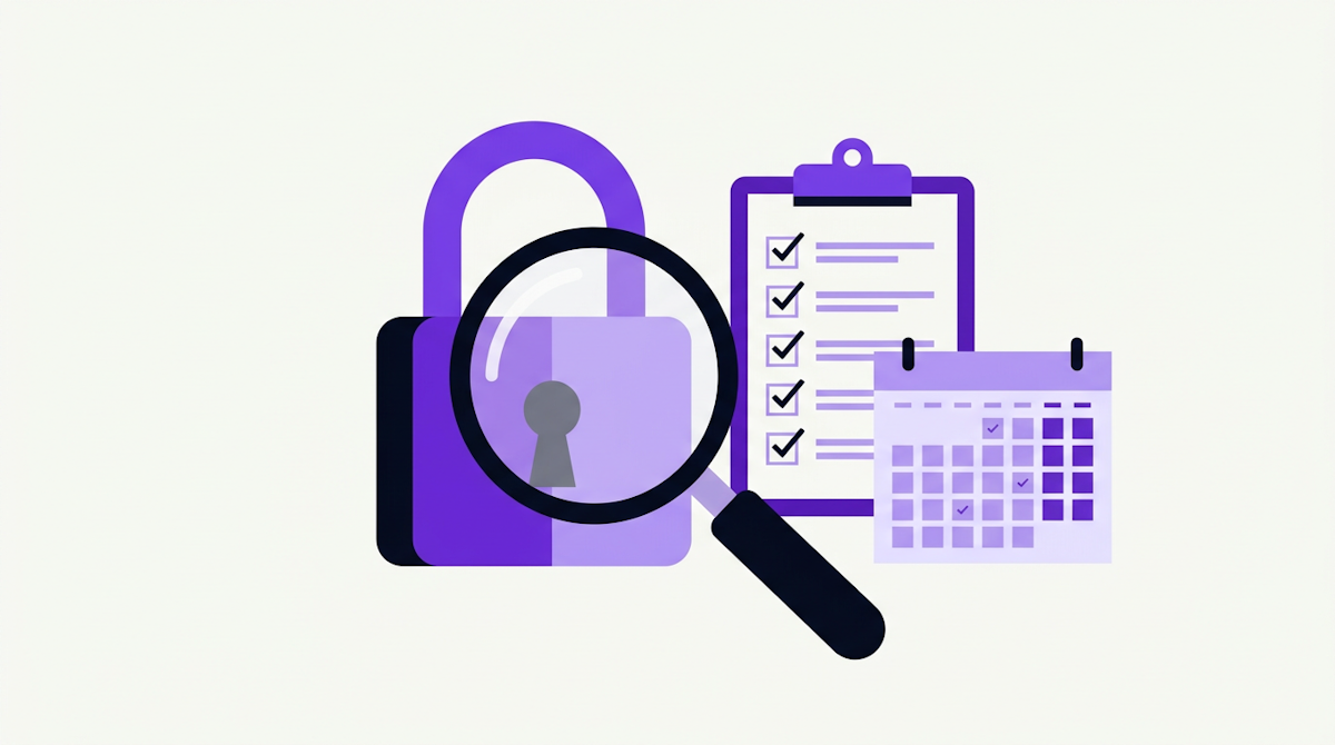 A magnifying glass over a padlock beside a ticked clipboard checklist and a calendar page.