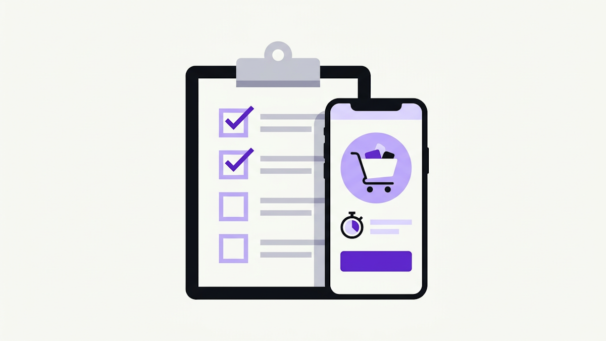 A checklist beside a phone showing a product page, with a stopwatch and cart nearby.