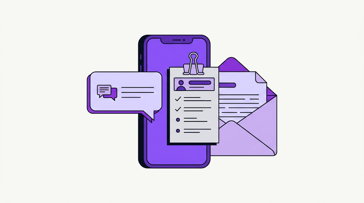 A phone with a text bubble and an open envelope beside a customer list card.