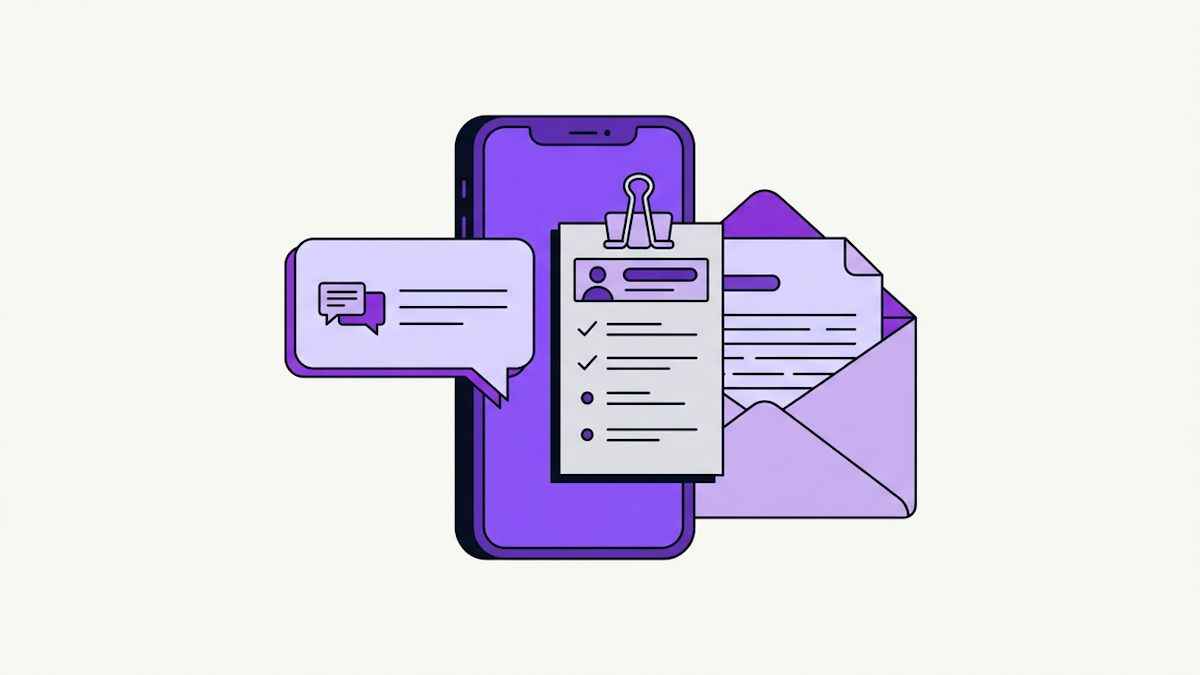 A phone with a text bubble and an open envelope beside a customer list card.
