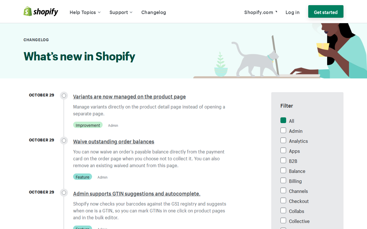 Shopify Changelog showing the Canvas and Sidekick entries
