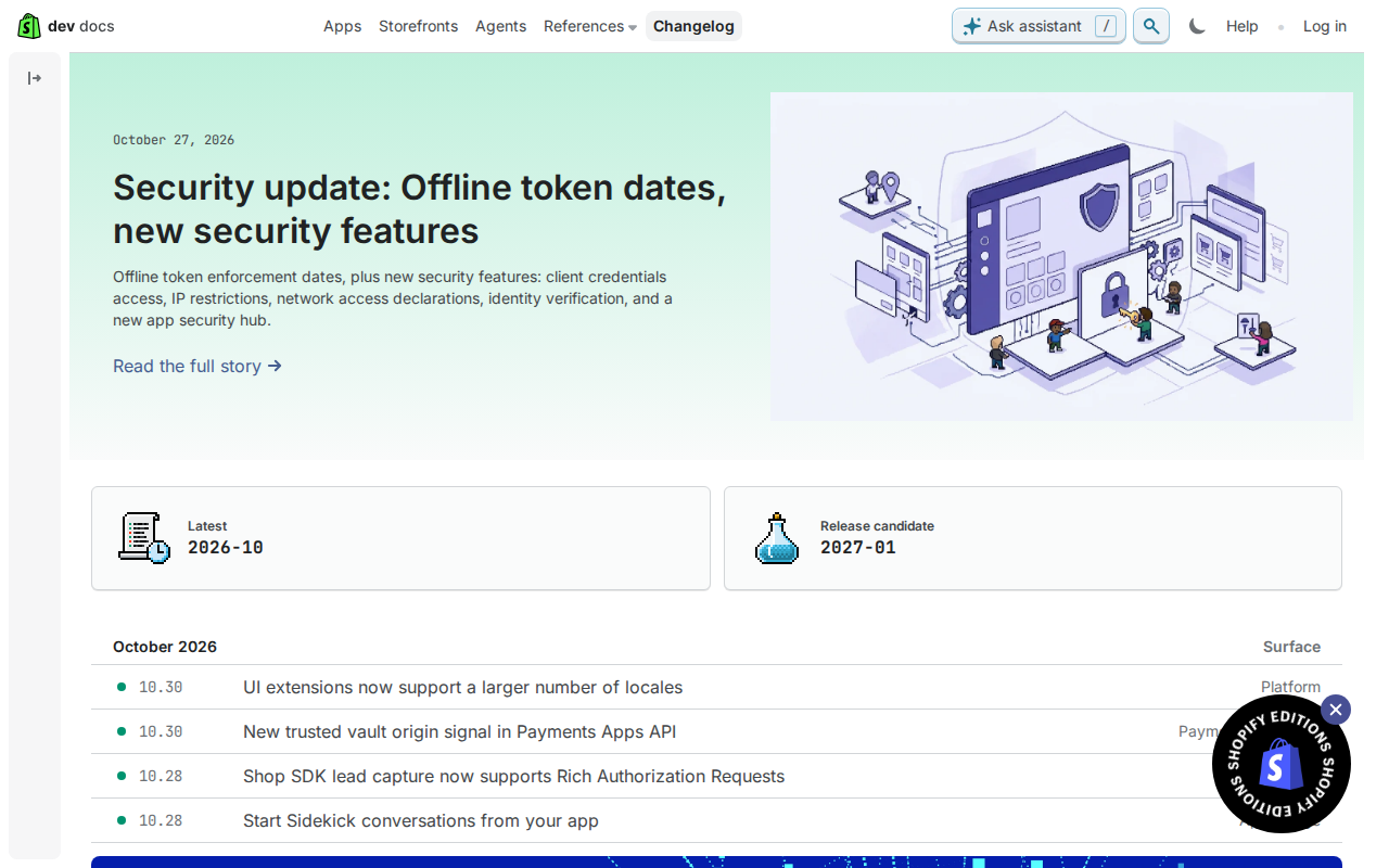 Shopify developer changelog showing the 2026-10 API version, 2027-01 release candidate and security update