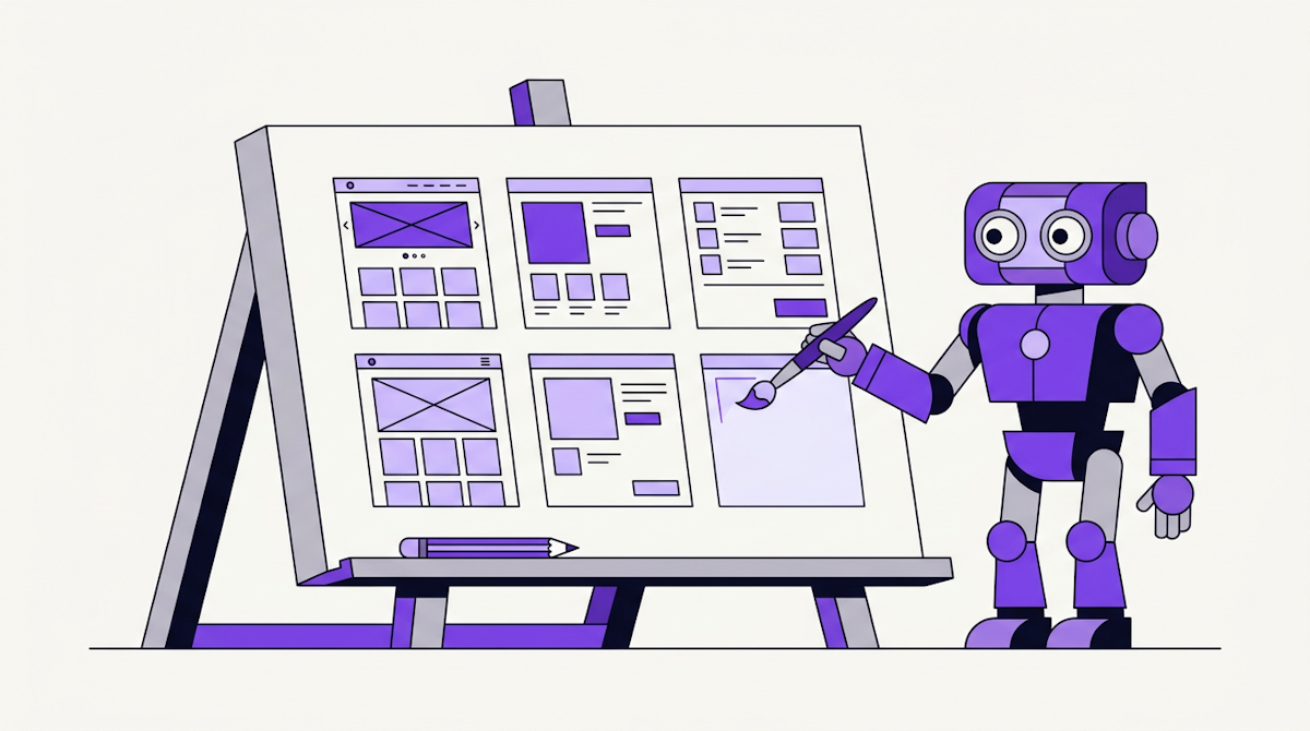 A canvas showing a grid of store page sketches with a small robot assistant holding a paintbrush beside it.