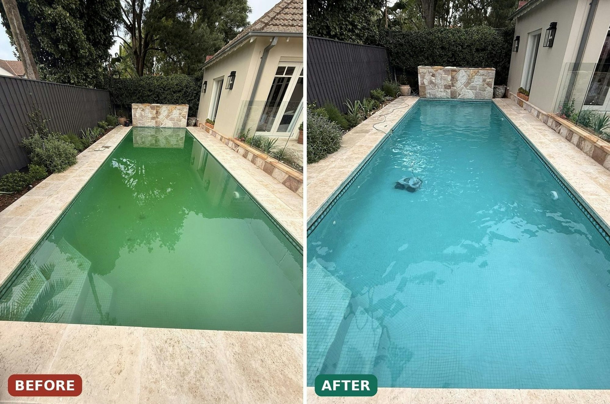 Green lap pool recovered, before and after