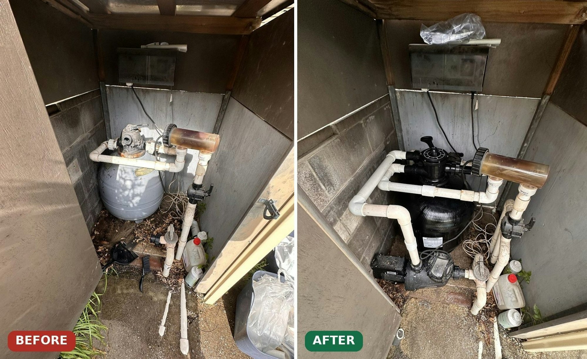 Pool pump and filter replacement in Croydon, before and after
