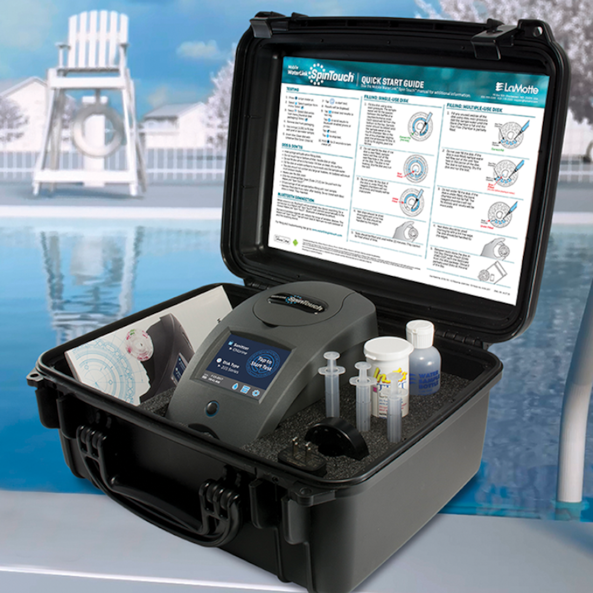 LaMotte WaterLink Spin Touch water testing kit beside a pool