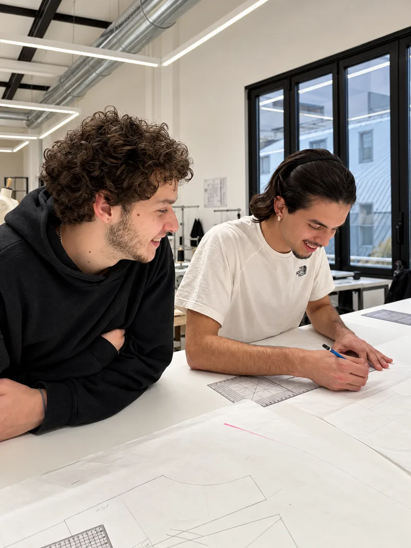 Due studenti disegnano un modello al banco di lavoro