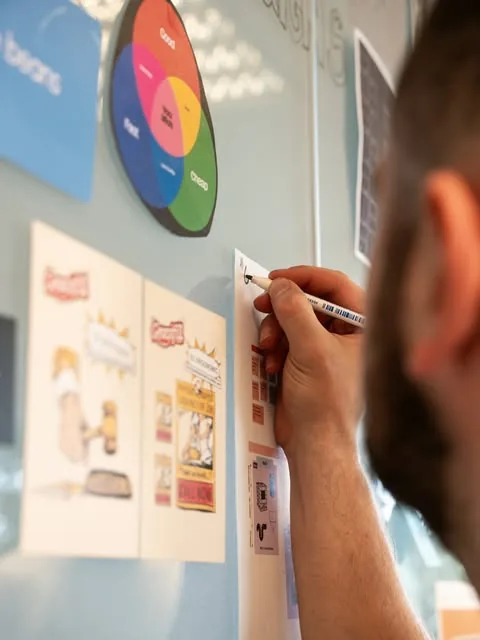 Organizzazione di idee e riferimenti visivi su una lavagna di progetto