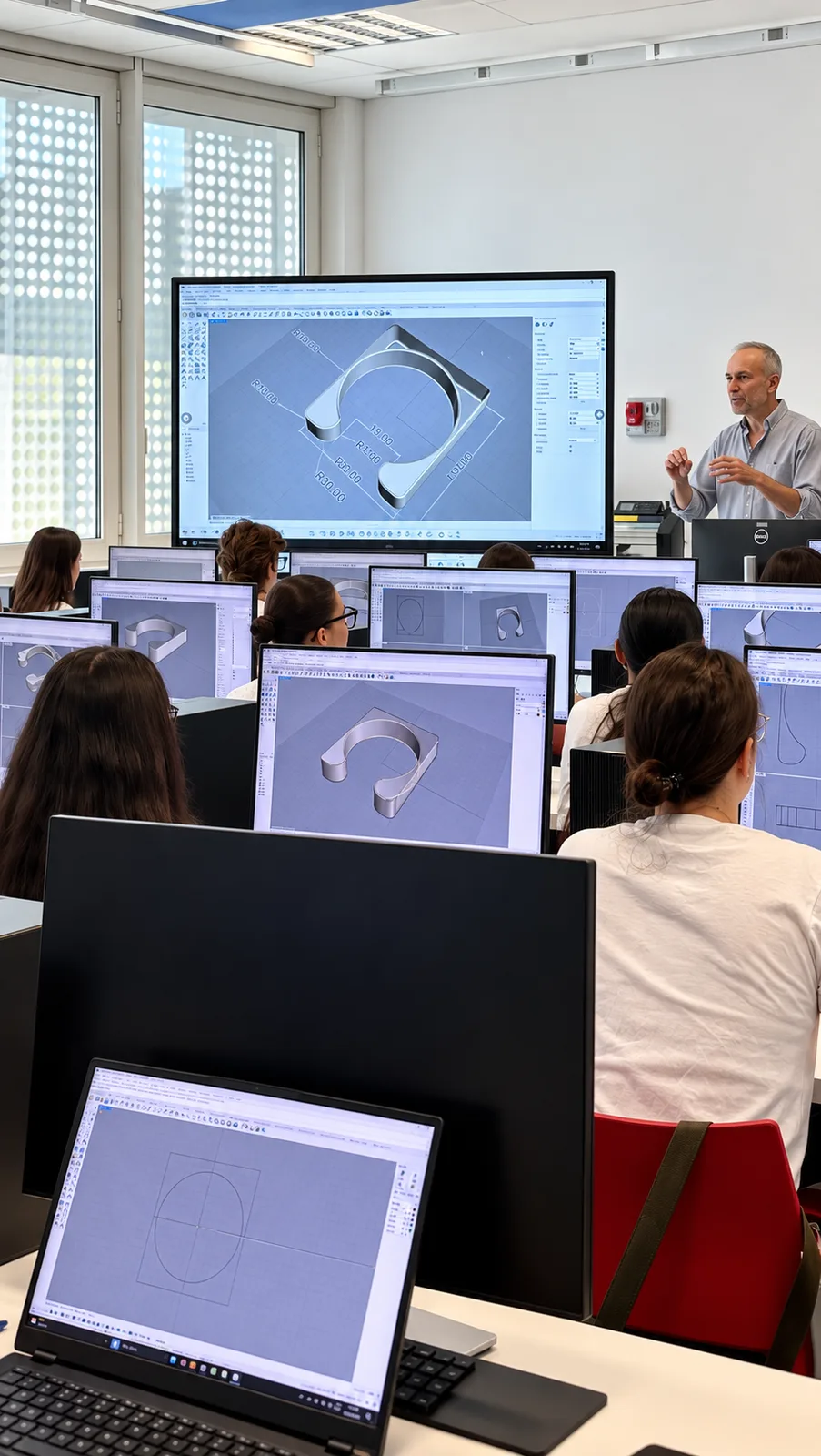 Lezione di progettazione digitale con schermi e postazioni informatiche
