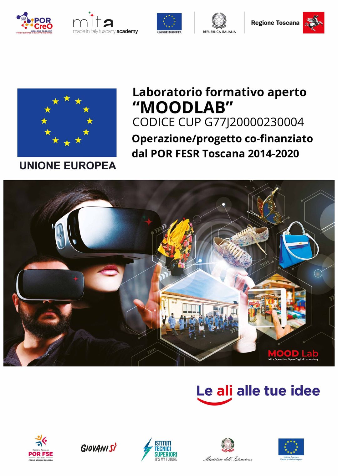 Manifesto istituzionale MOODLAB con loghi POR CREO, MITA, Unione europea e Regione Toscana, visori digitali e prodotti moda