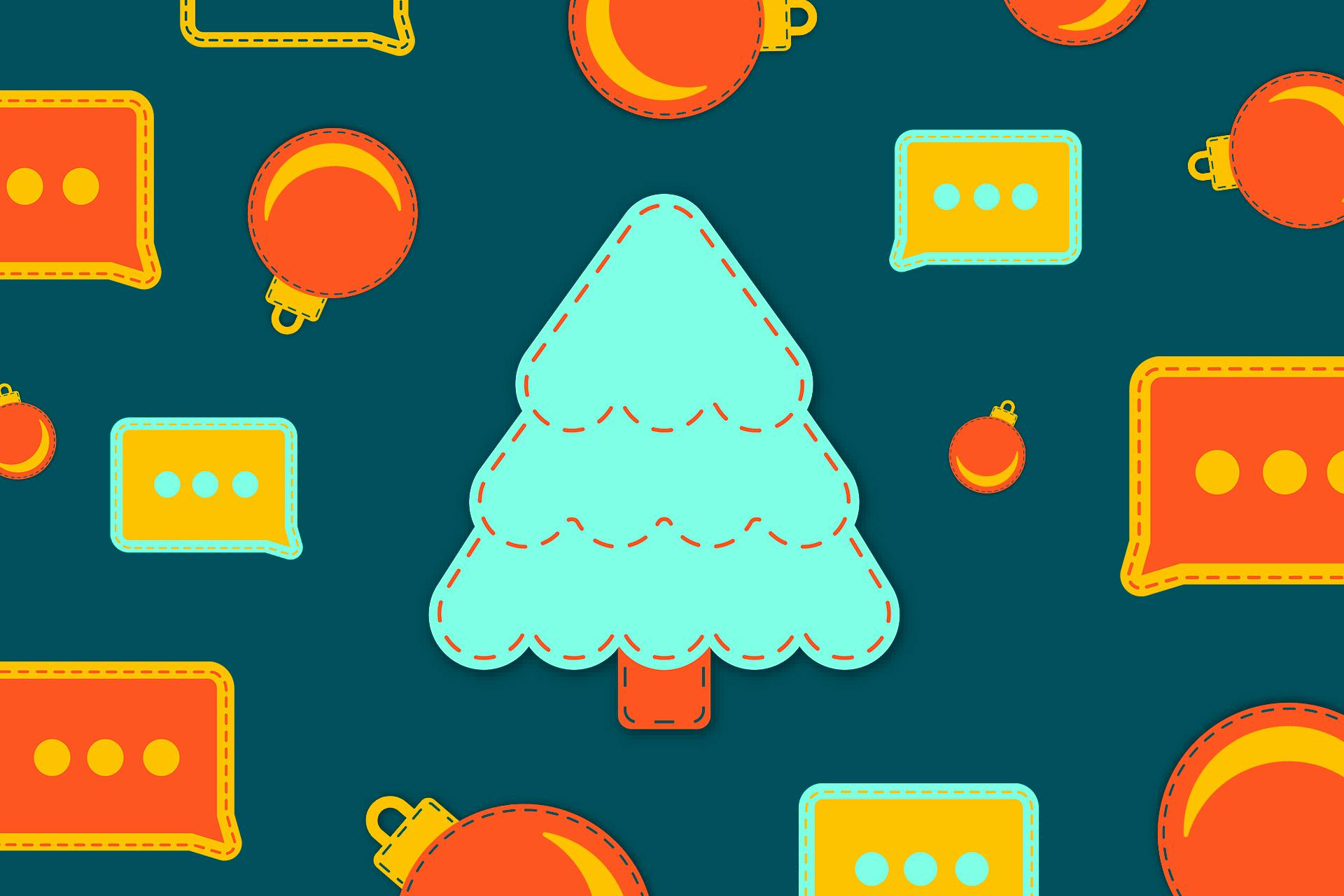 Illustration av julgran omgiven av pratbubblor och julgransdekor