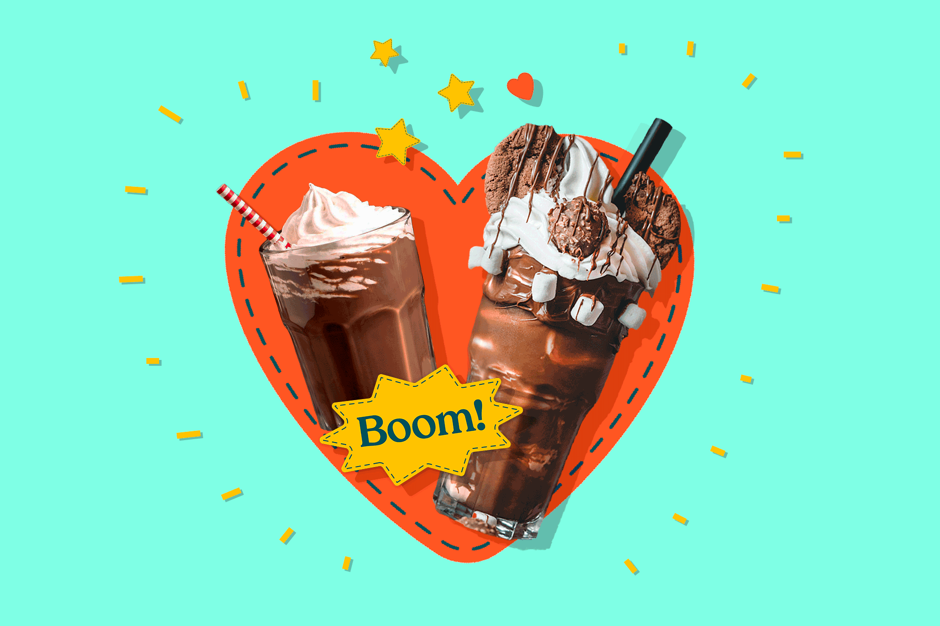 Two chocolate drinks with big red valentine heart 