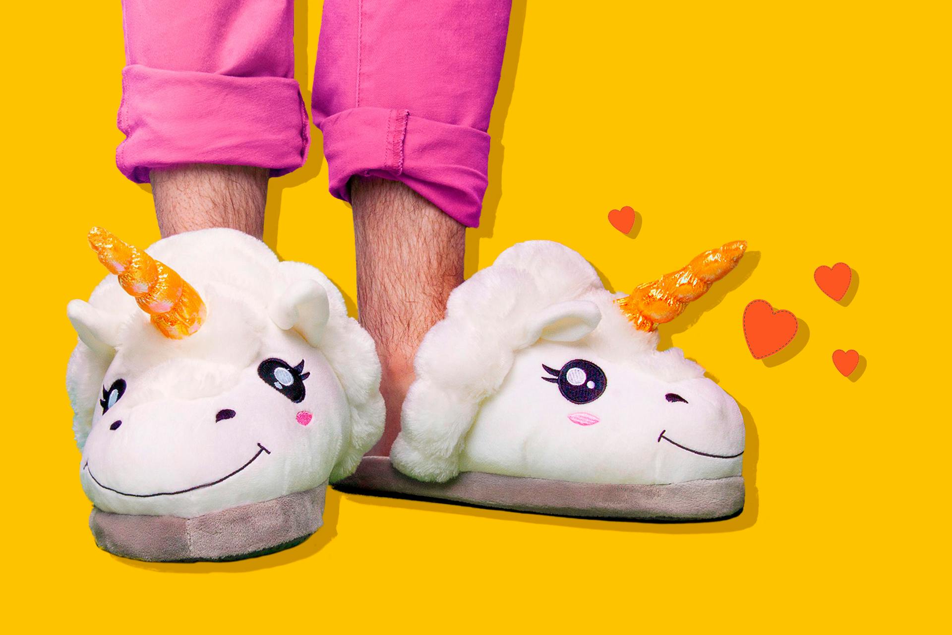 White unicorn cozy indoor slippers with valentine hearts
