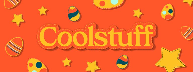 Coolstuff-logo pääsiäismunia ja tähtiä taustalla