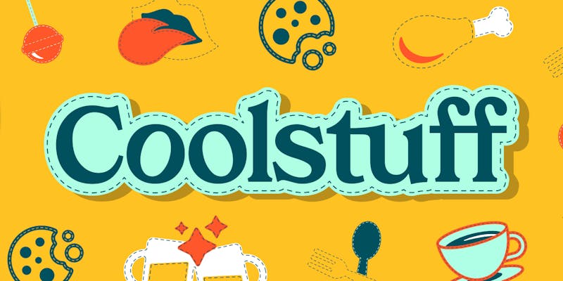 Coolstuff-Logo mit Essensthema, Mund, Besteck, Kuchengetränk und Süßigkeiten