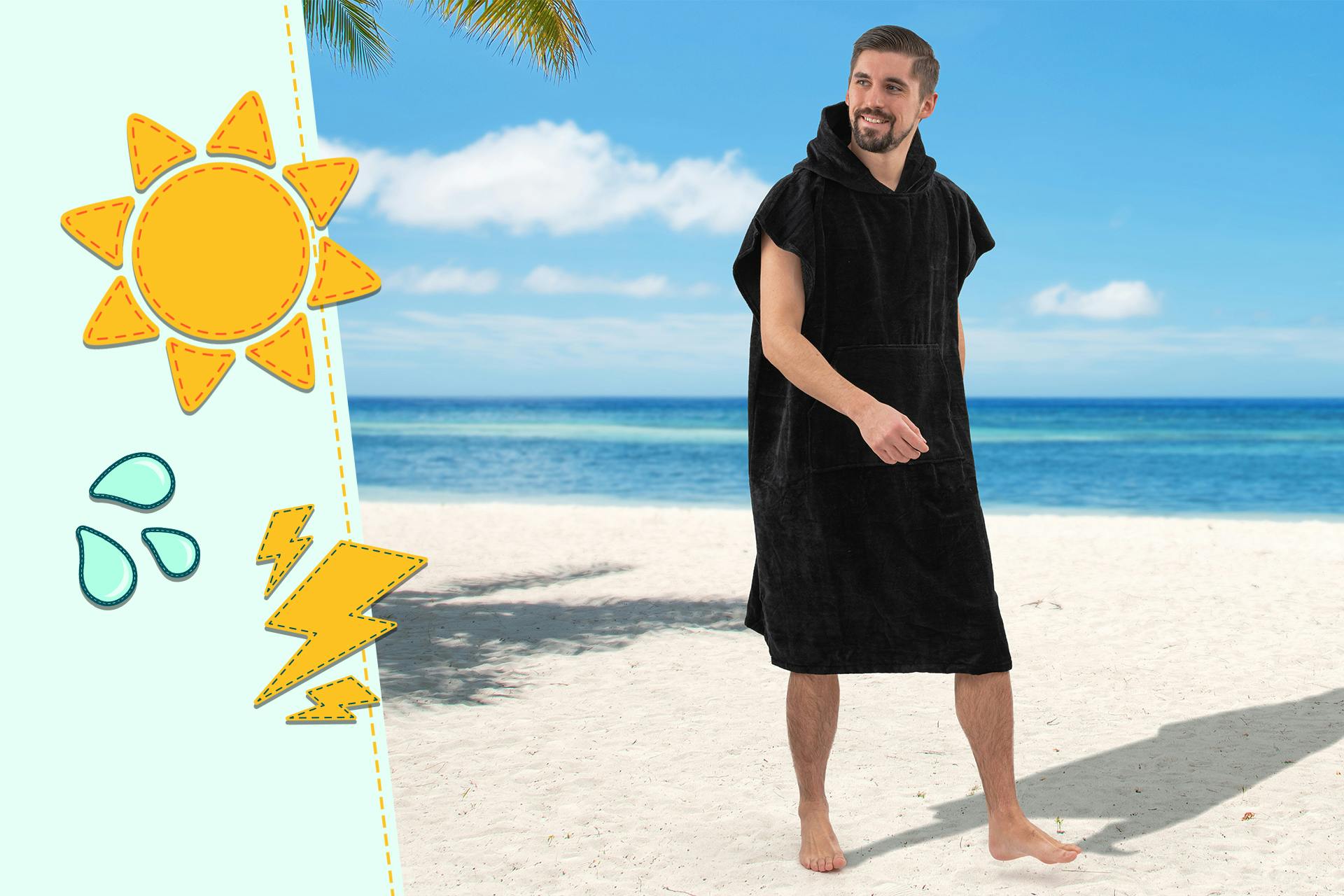 Glücklicher Mann der in einem schwarzen Strandponcho am Strand spazieren geht