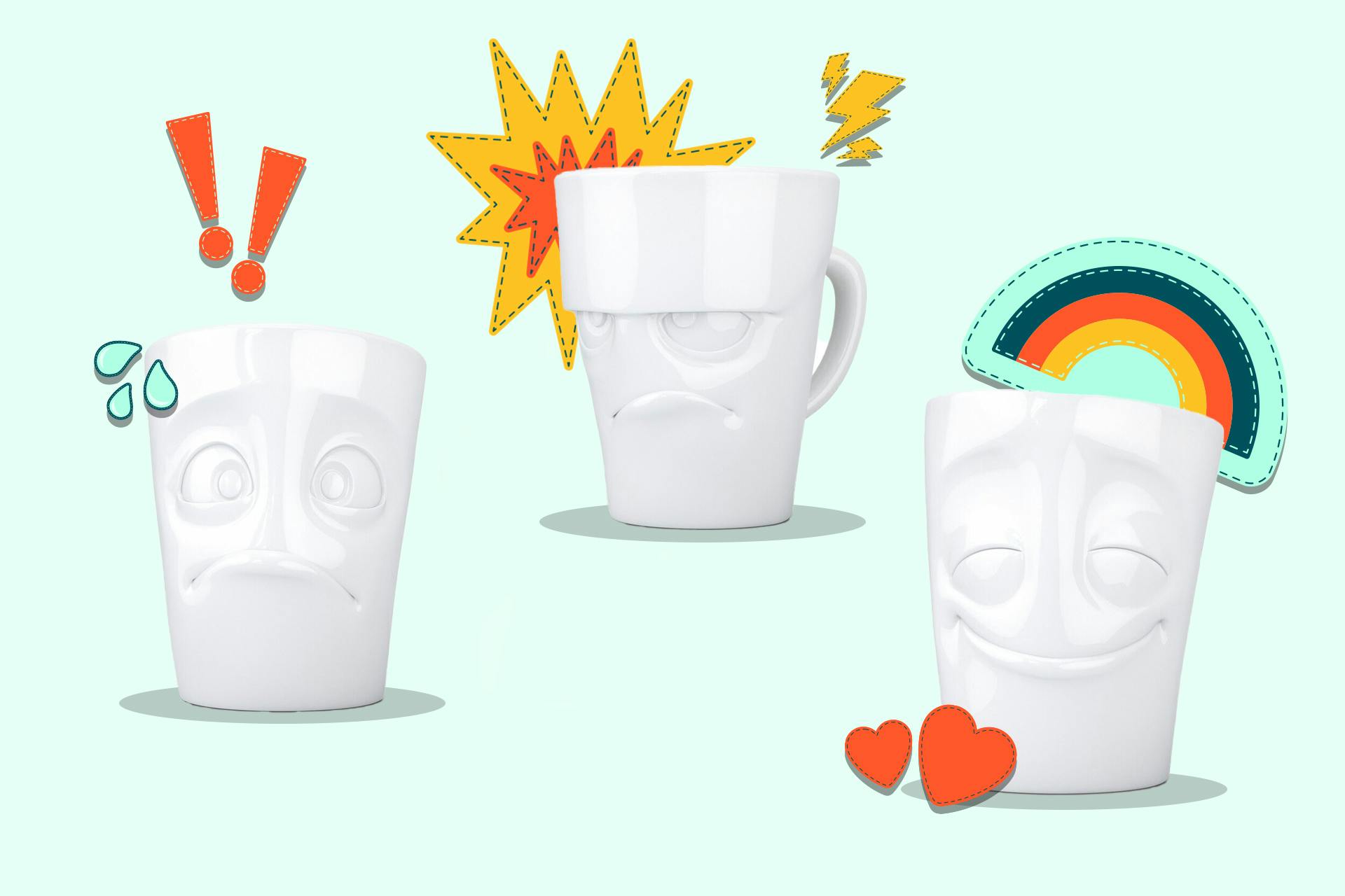 3 Tassen mit Gesichtern, die Emotionen ausdrücken: fröhlich, sauer und frech