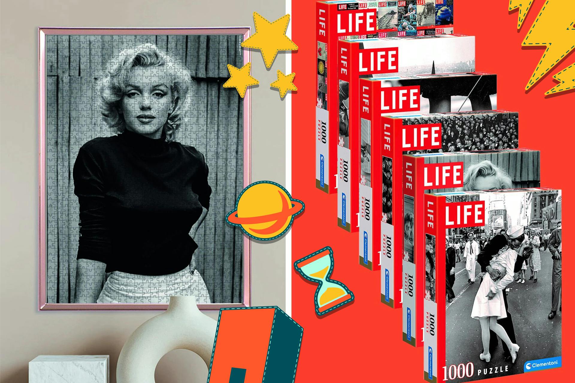 Pusseltavla av 1000 bitars pussel berömda bilder från Life magazine