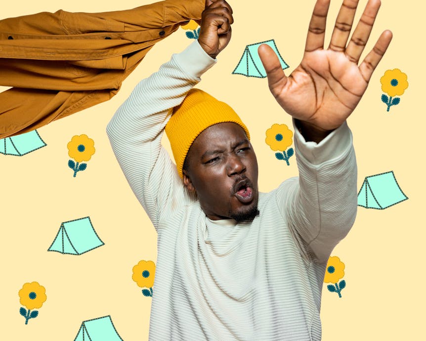 glad mann, telt, blomster