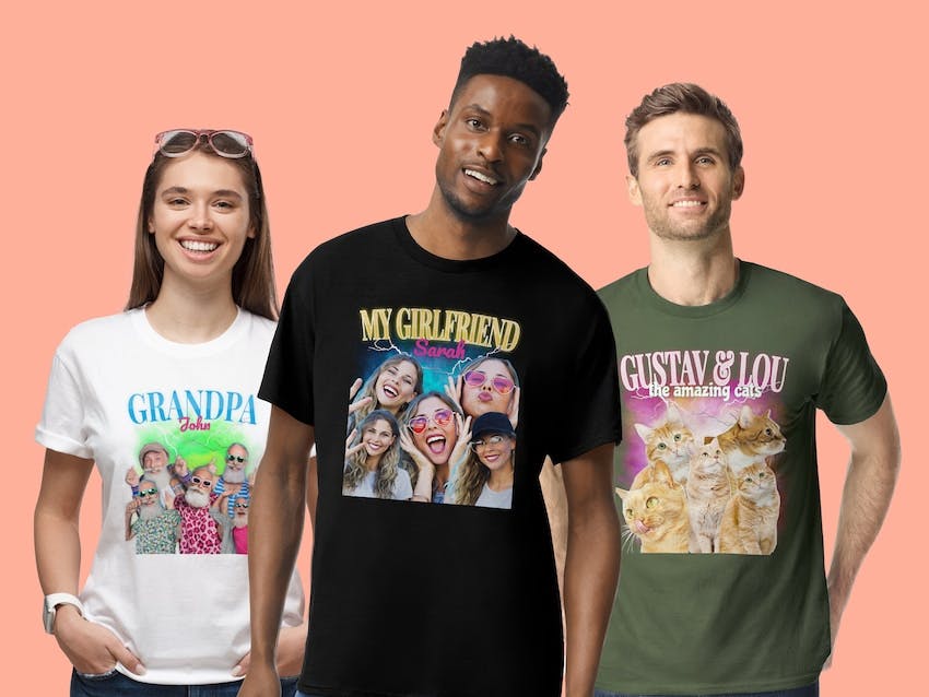 Tre personer, der bærer t-shirts med sjove personlige fototryk. Eksempel på tilpasset tøj som fotogave.