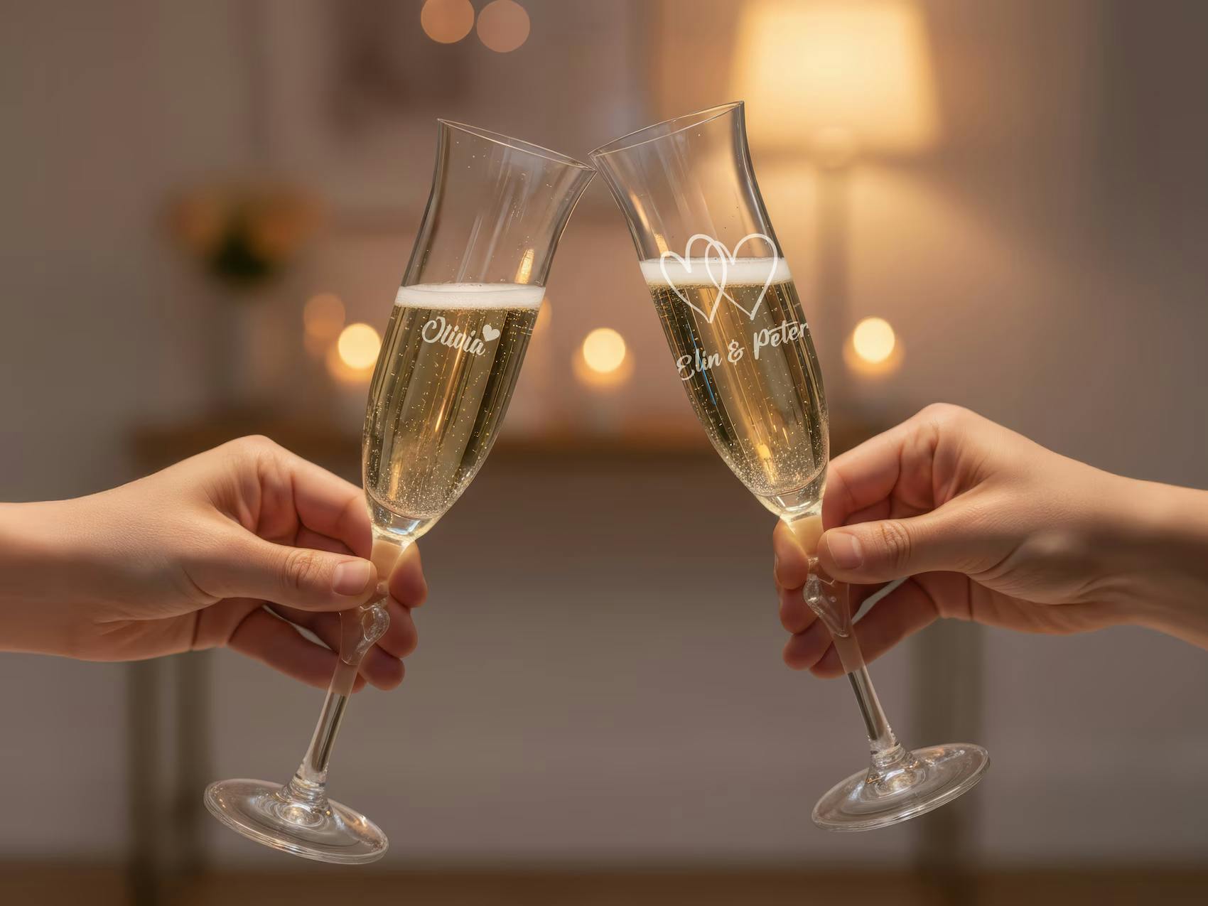 To personer skåler med graverede champagneglas fyldt med bobler i en stemningsfuld atmosfære med tændte lys.