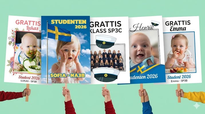 Fem personliga studentskyltar för med foton, namn och klasser mot en grön bakgrund