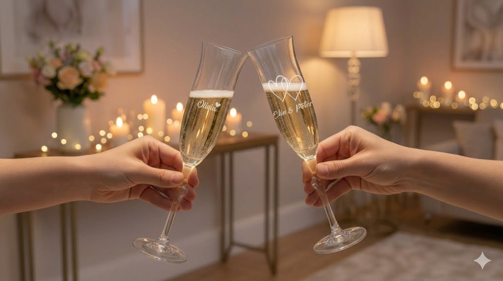 Nærbilde av to hender som skåler med inngraverte champagneglass i romantiske omgivelser med levende lys.