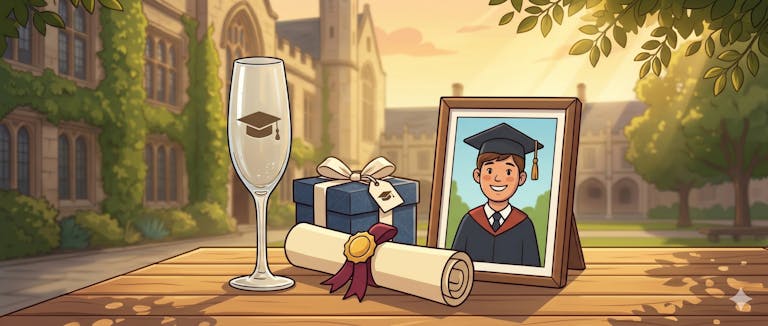 Tecknad illustration av studentpresenter uppdukade på ett träbord: ett champagneglas med en graverad examenshatt, en inslagen presentask, ett hoprullat examensbevis med rött band och ett inramat porträtt av en glad student. I bakgrunden syns en lummig universitetsbyggnad i varmt solljus.