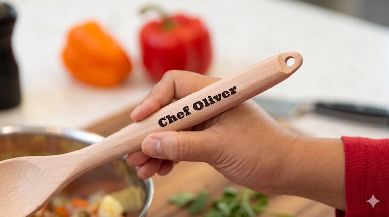 Närbild på en hand som håller i en personlig träslev med texten "Chef Oliver" graverad på skaftet, i bakgrunden syns en kastrull med mat och färgglada paprikor.