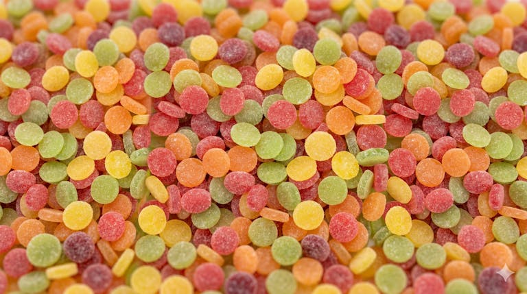Lähikuva värikkäistä, sokerikuorrutetuista hedelmäkarkeista punaisena, oranssina, keltaisena ja vihreänä. Karkkien pinta on kimaltelevan sokerin peitossa.