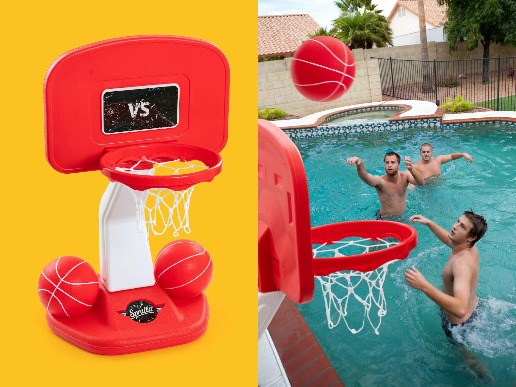 Ett flytande basketspel för poolen från Spralla med tillhörande uppblåsbara bollar. Till höger syns ungdomar som spelar vattenbasket i en pool under en solig dag.