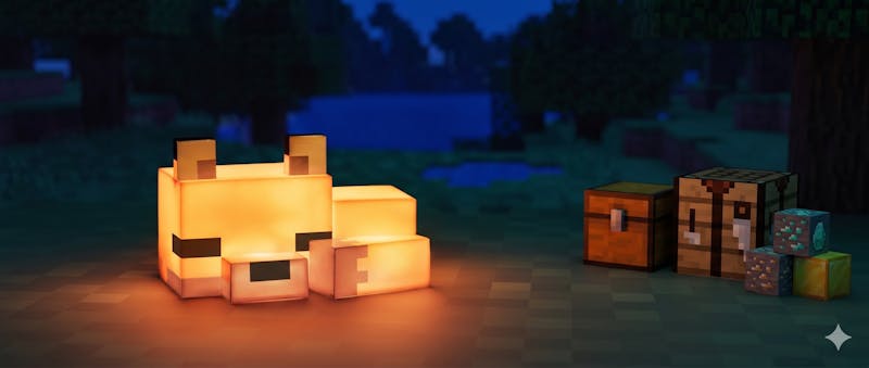 Minecraft Fox -yövalo lämpimällä oranssilla hehkulla.